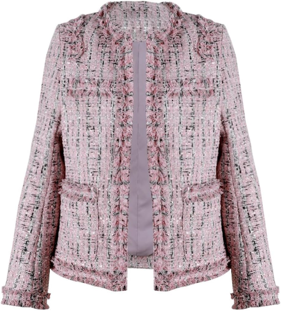 womens fall business casual tweed blazer jacket collarless open front dressy tweed jacket