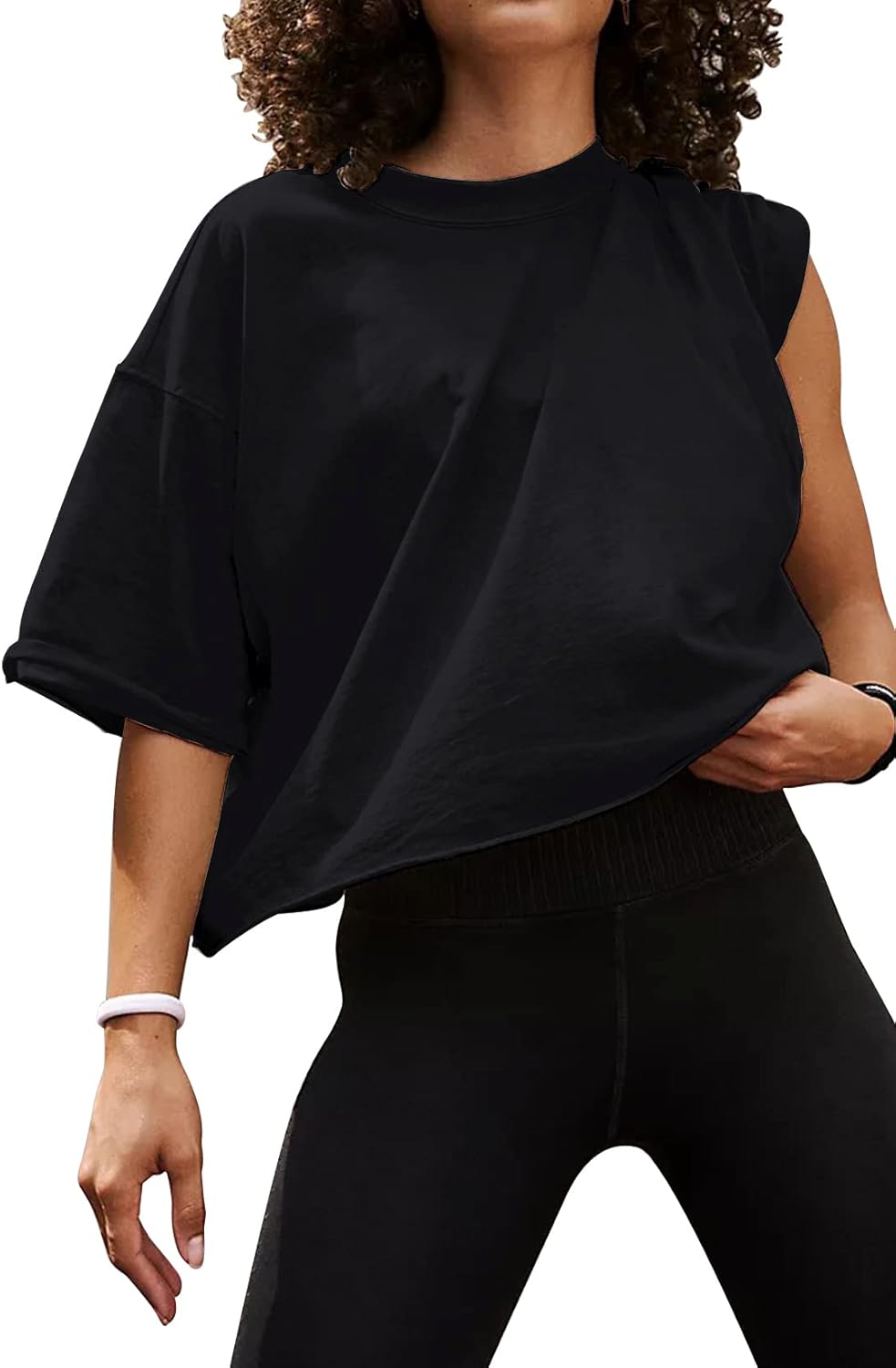 womens oversize workout crop tops casual short sleeve drop shoulder boxy t shirts roll hem basic loose yoga running tees