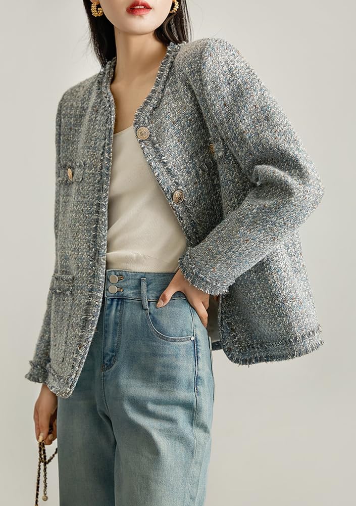 womens elegant houndstooth tweed jacket button down fringed tassel blazer jacket coat