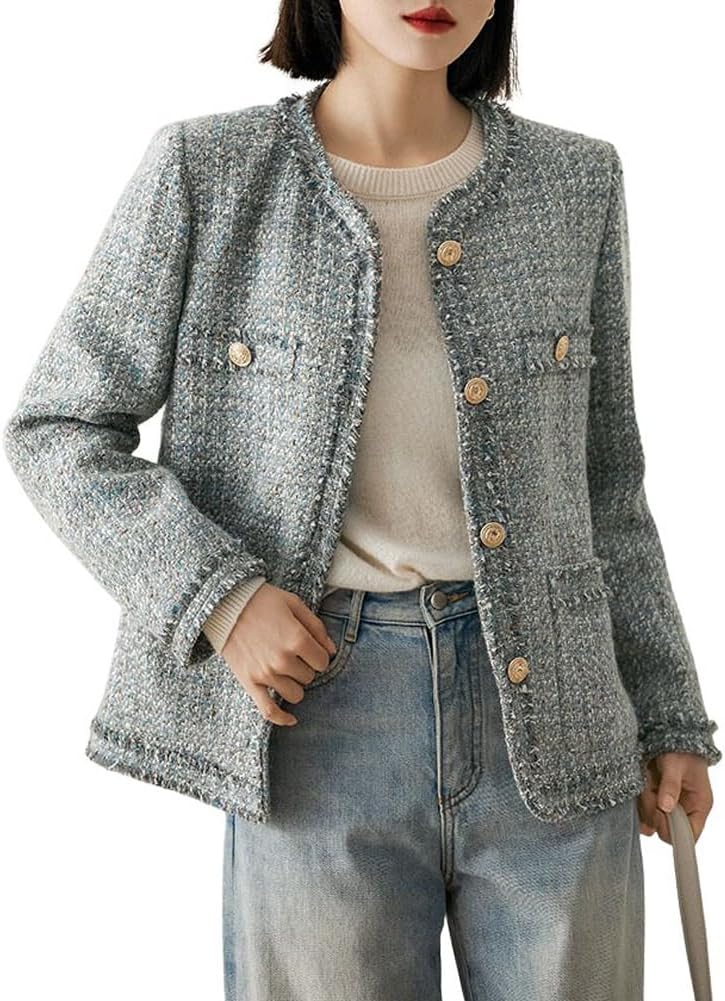 womens elegant houndstooth tweed jacket button down fringed tassel blazer jacket coat