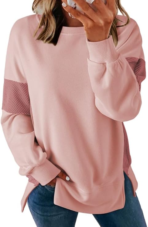 womens casual oversized sweatshirt crew neck color block loose pullover tops side slit